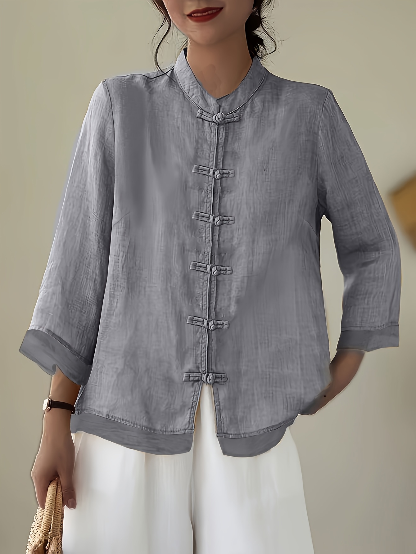 item picture womens vintage button up shirt top casual womens wear stand collar long sleeve shirt with elastic cuffs suitable for spring summer and autumn for casual and formal attire a seasonal wardrobe essential   tailored look button