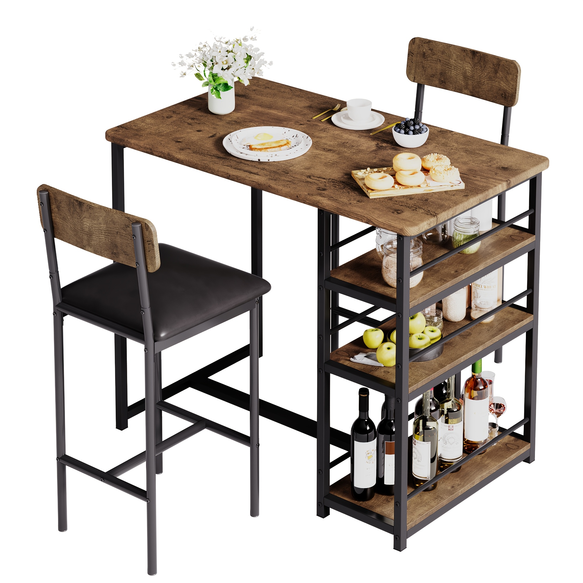 Table Set For 2 With 3 Storage Shelves, Pub Bar Counter Table With 2 Footrest Chairs, High Top Table And Chairs, 36" Table