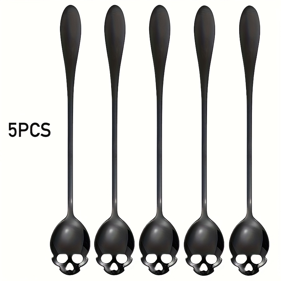 Image of 3/5 Sets Of Black Shaped Iced Tea Spoons With Gothic Design Mixing Spoons, High-quality Stainless Steel Long Handled Spoons Suitable For /smoothies/iced Coffee, Ideal Gifts For /christmas/thanksgiving