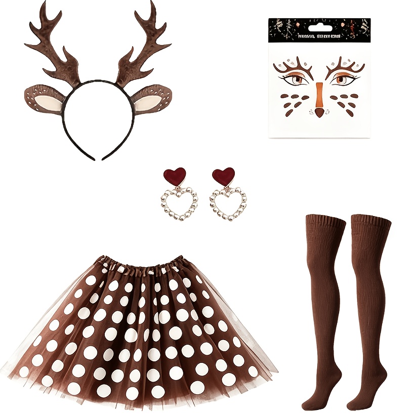 TEMU Accessoires de costume de cerf, comprenant un serre-tête tête de cerf, un autocollant pour , des boucles d'oreilles de cœur, une jupe marron à