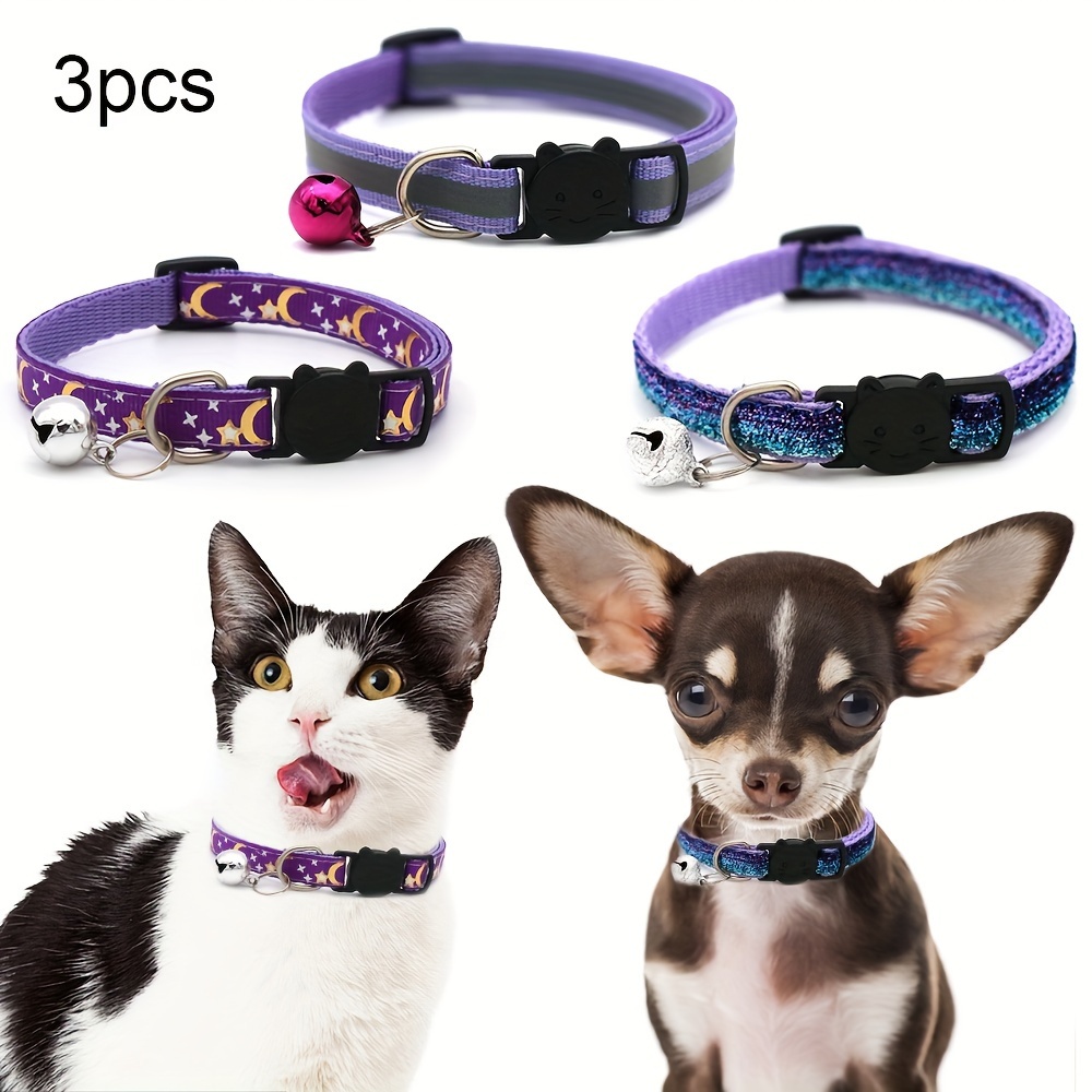 

3-pack Adjustable Star & Moon Pattern Cat Collars With Bells And Safety Release Buckle, Reflective Geometric Polyester Fiber Pet Collars For Cats And Small Dogs