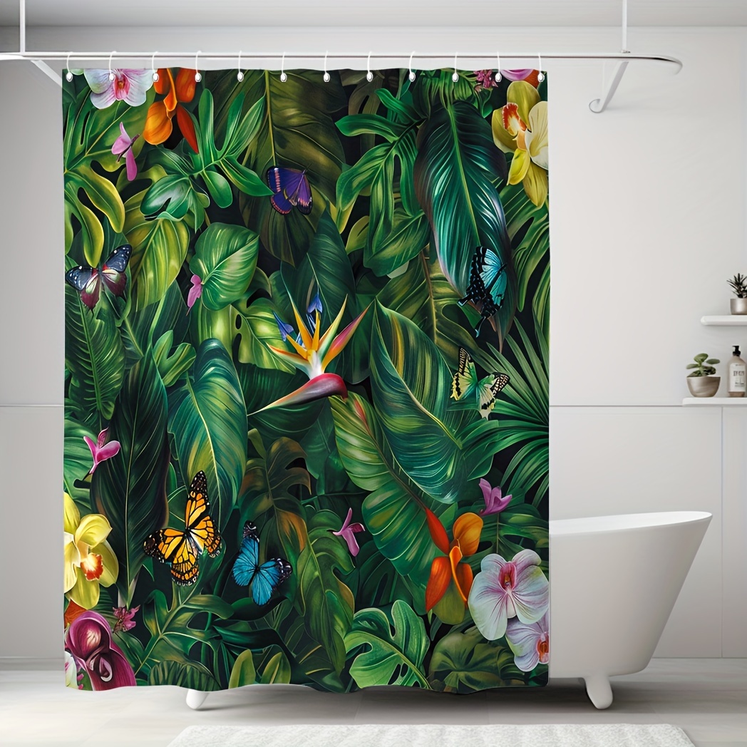 

Tropical Plant 1pc Tropical Plant Printed Pattern, 12 Hooks Printed Polyester Shower Curtain, Waterproof, Bathroom Decoration, Bathroom Accessories, Used As Curtain, 71*71in