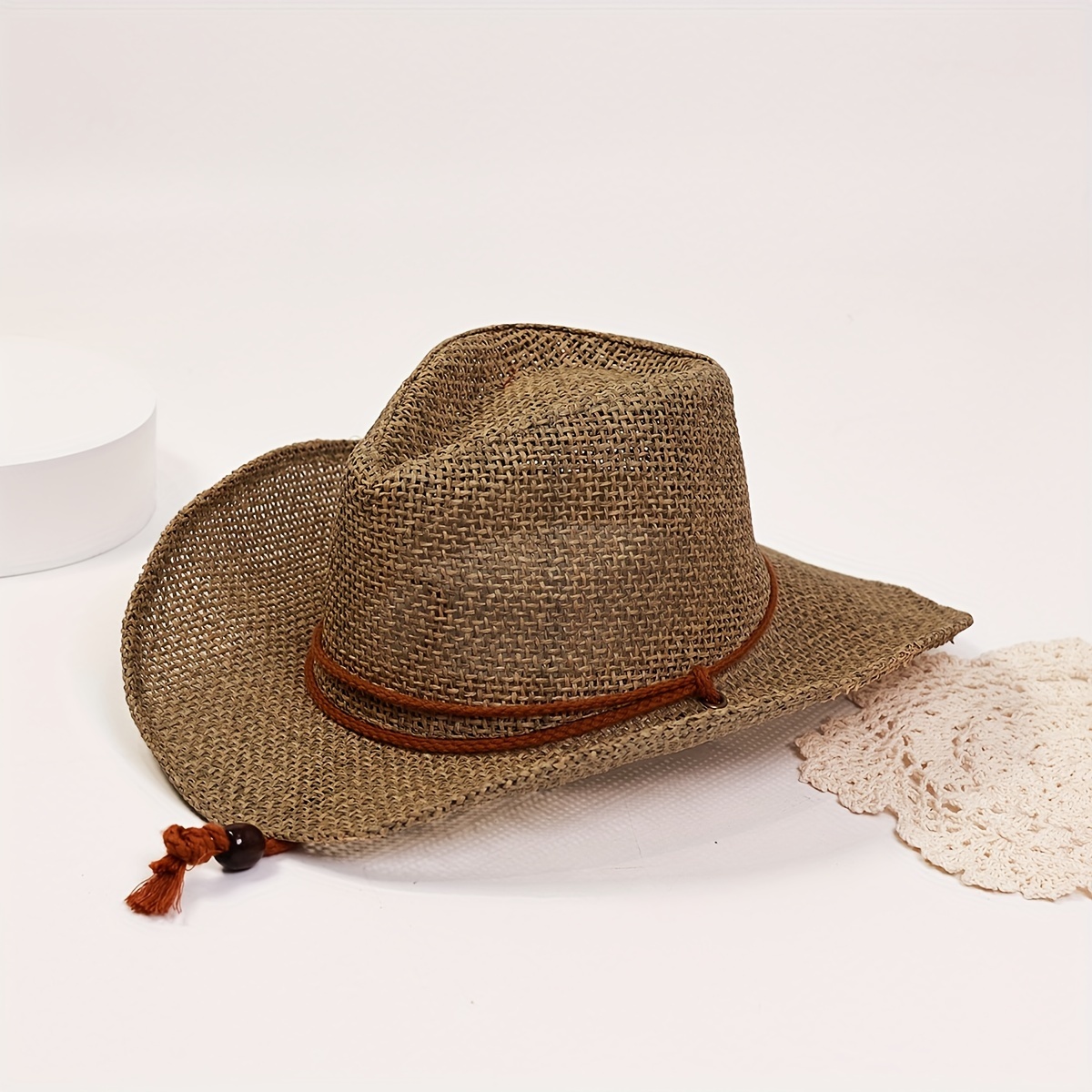 Vintage Western Sun Hats Classic Rope Lanyard Brown Panama - Temu