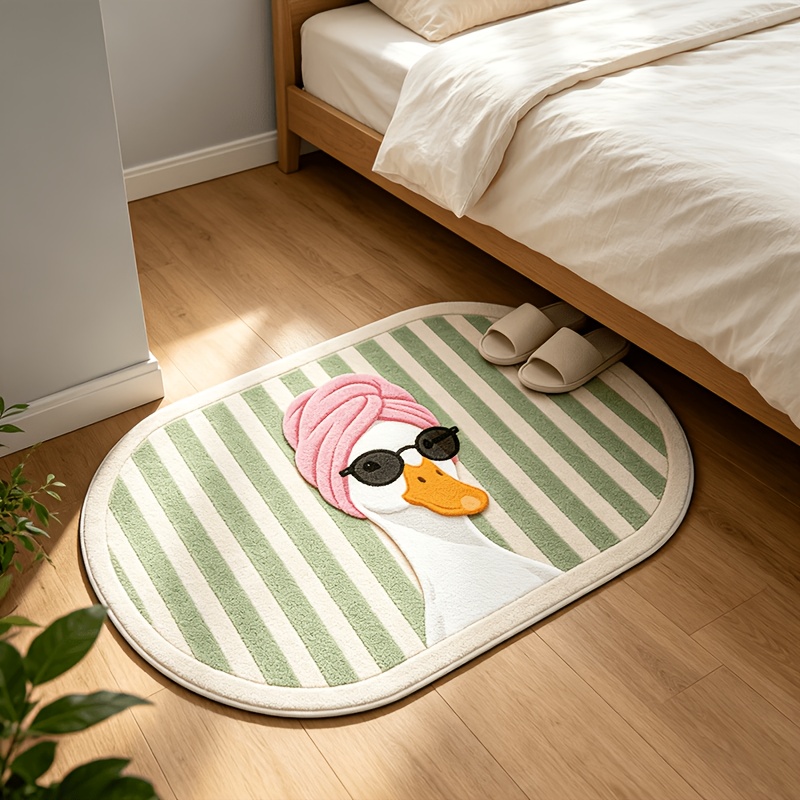 TEMU Velvet With Dotted Plastic Anti-slip Backing, Cartoon Striped Fashion Glasses-wearing Duck Oval-shaped Rug, Home Decor, Living Room Rug, Bedroom
