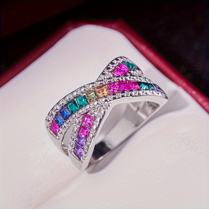 

New Diamond Inlaid Artificial Stone Rainbow Red Blue Treasure Zircon Ring Elegant And Fashionable Style Jewelry