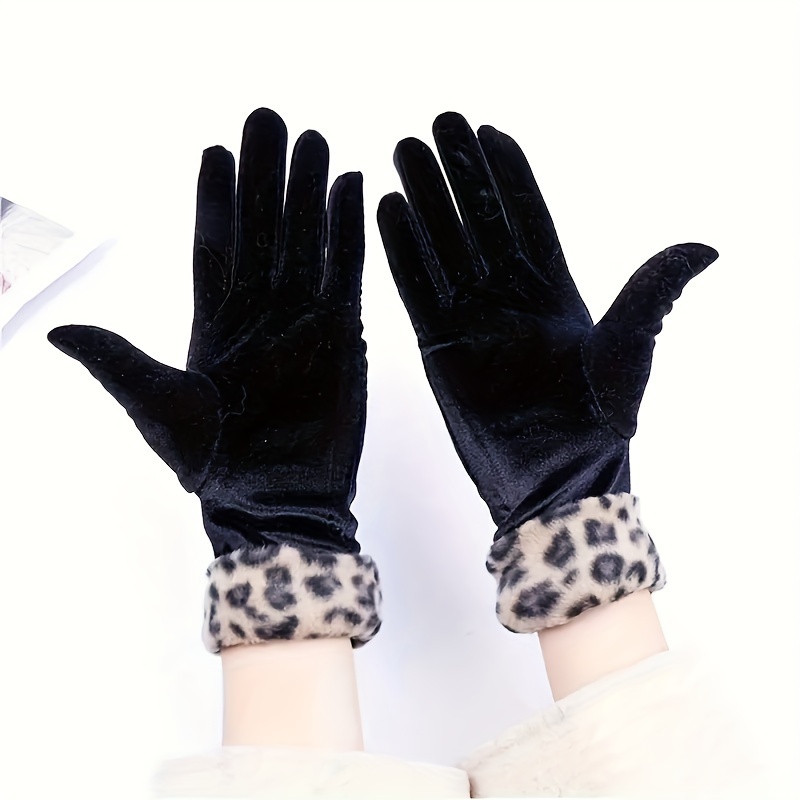 

Women' Leopard Print Cuff Velvet Gloves - Acrylic Full Finger Gloves For , , Warm, Windproof, Hand-woven - Elegant Riding & Commuting Winter Accessory