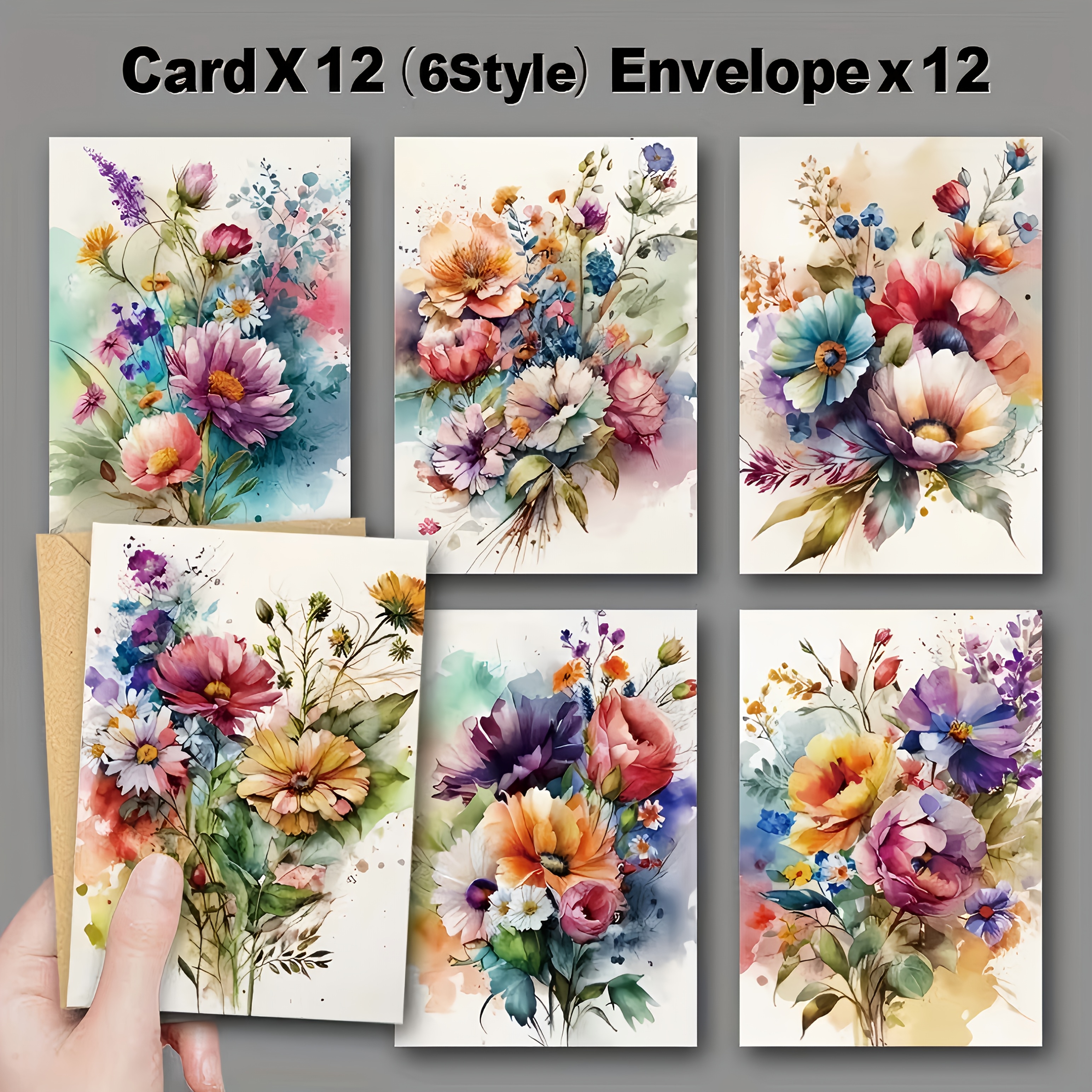 TEMU 24pcs Assorted Watercolor Floral Birthday Cards With Envelopes - 6 | Suitable For New Year, Valentine's Day, Mother's Day, Graduation Season And