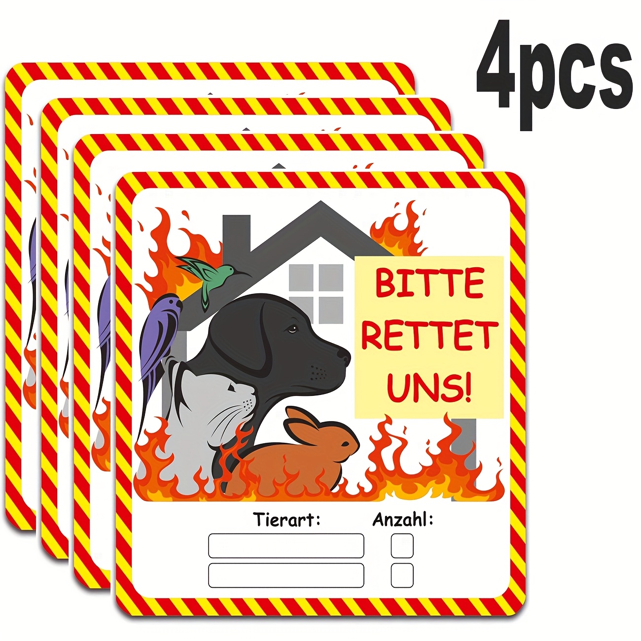Image of 4 Sheets/pack, German Animal Search Sign Stickers, Fire, Emergency, Fire Rescue Protection Guidance Sign Material Stickers, Suitable For Home, Pet Shop For Door, Window Use