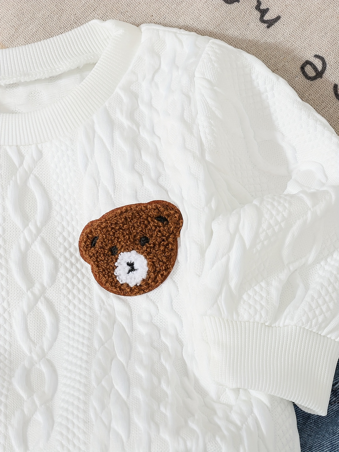 2pcs winter outfit set   patch sweater fringe hem jeans with elastic waist brown bear pocket pants machine washable clothes autumn winter casual playwear   outdoor Product details 21