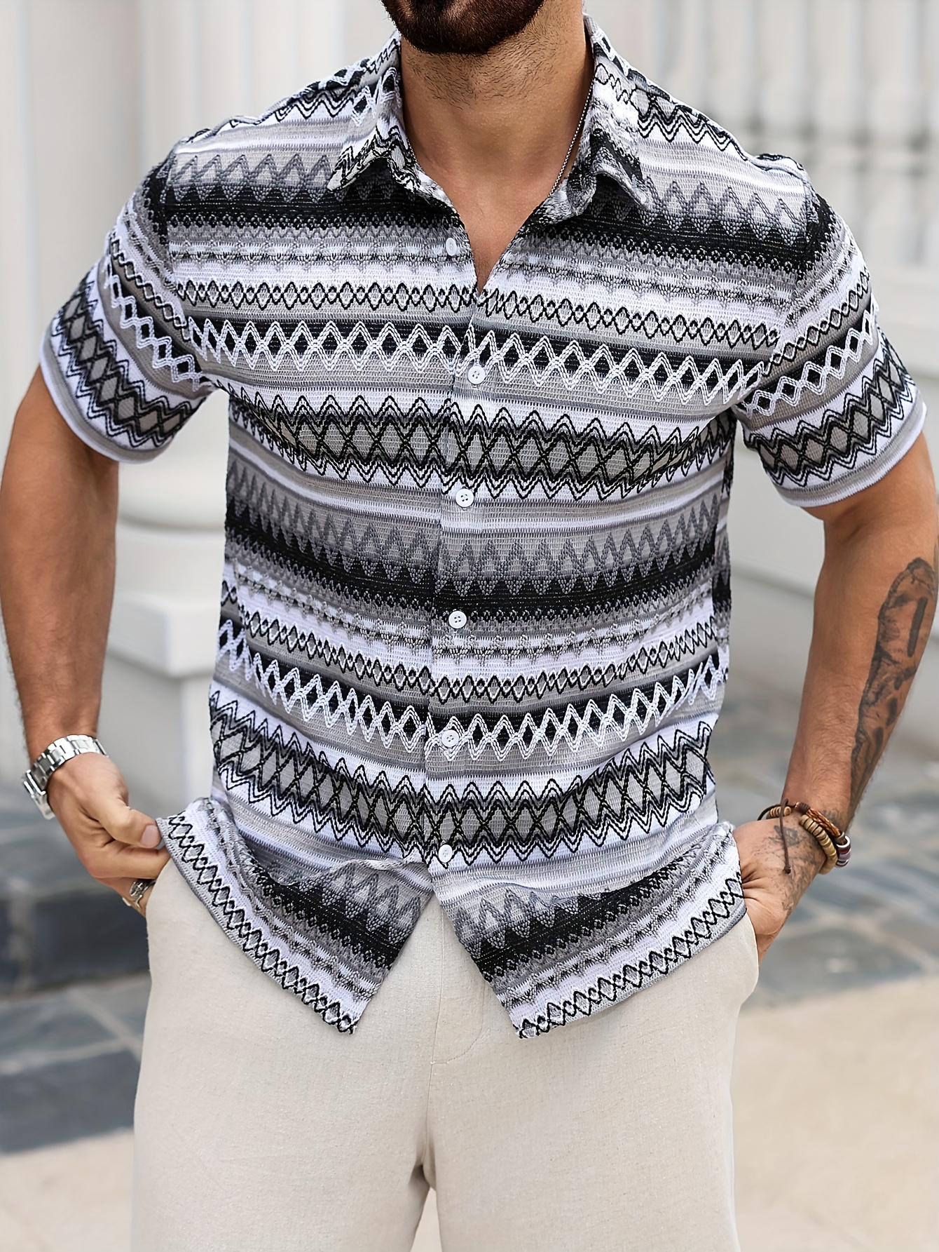SYUMAN 24SS Crochet Short Sleeve Shirt ⁡ GUESS Men's Geo Crochet Short Sleeve Knit Shirt, Jet Black