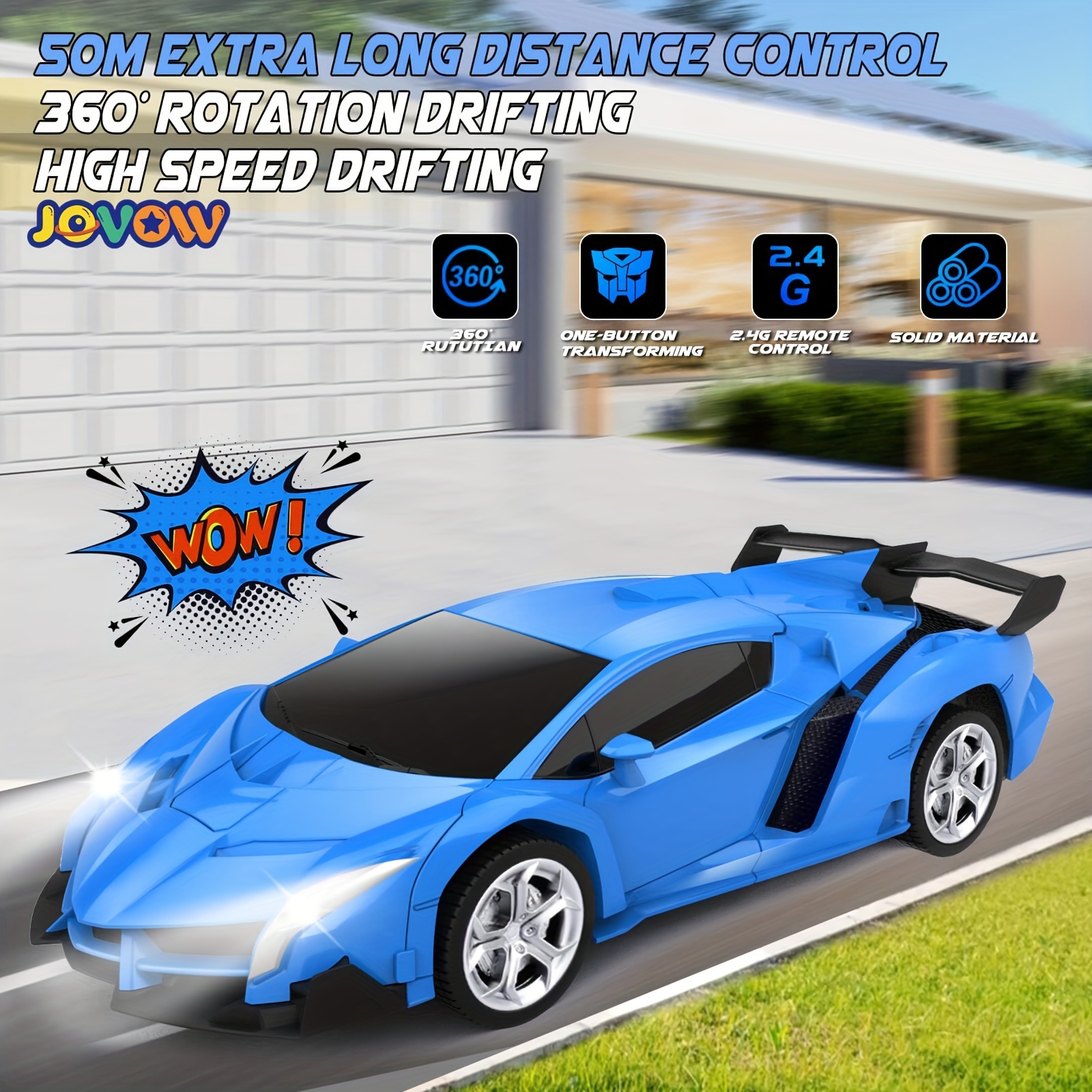 [Transformable|Robot] 2-in-1 Jovow Transformable Robot Car Toy | Remote Control Electric Racing Vehicle with Realistic Sounds, 360° Drift, USB Rechargeable, App-Controlled | Blue & Red/Yellow Options, Perfect for Birthdays, Christmas, Halloween Gifts
