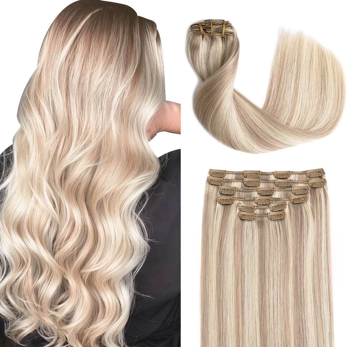 Set Of 8pcs Of 18-inch Straight Clip-in Human Hair Extensions, Featuring Blonde Highlights For A Look, With A Smooth Texture And Thick Ends For Blend, Designed For Easy Application Without Glue