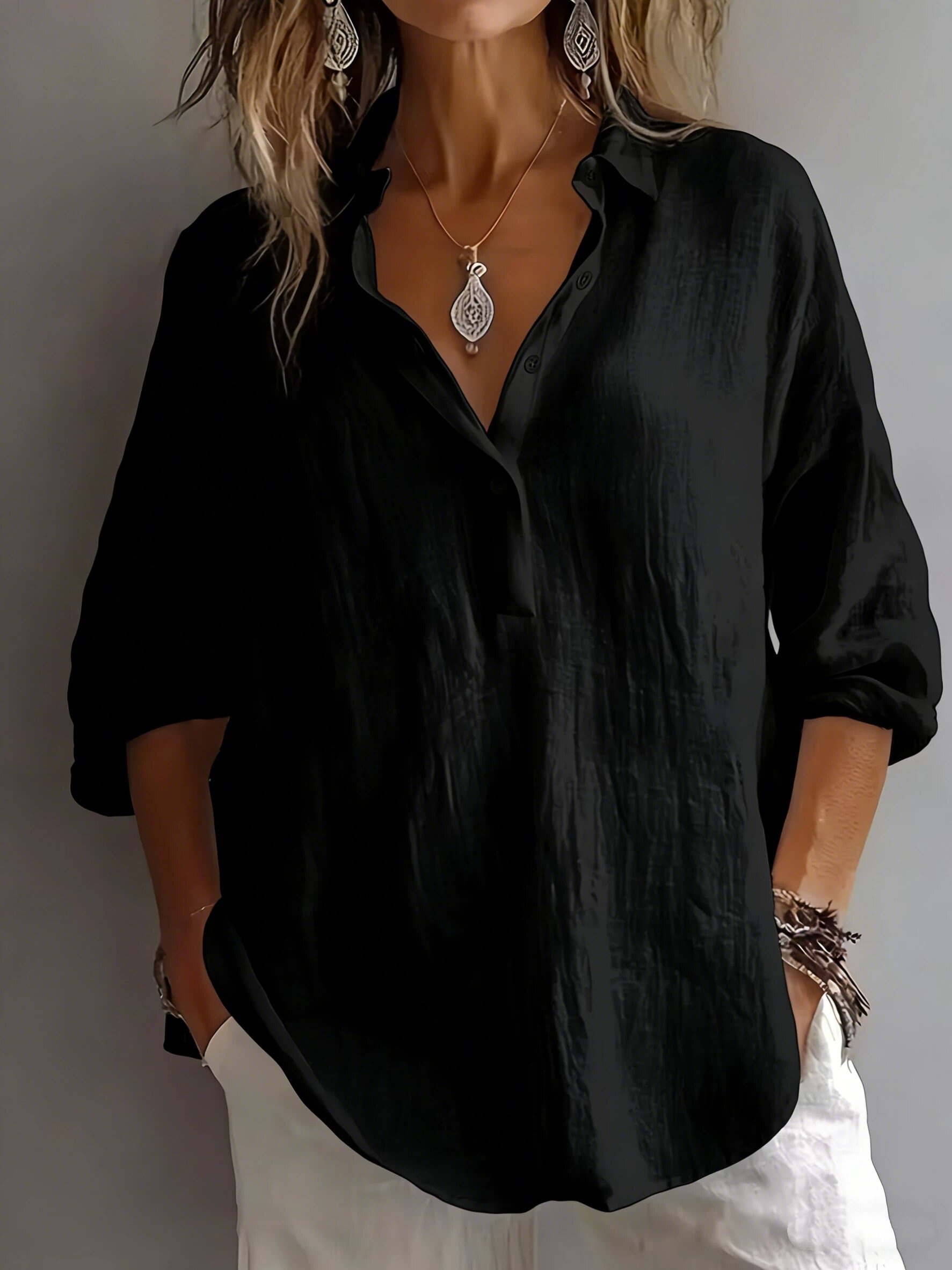 immagine dell'articolo camicia da donna in lino con scollo a v, stile   cool |  , vestibilità  , maniche a mezzo polso, casual e  , drappeggio lusinghiero, traspirante e confortevole,   versatile