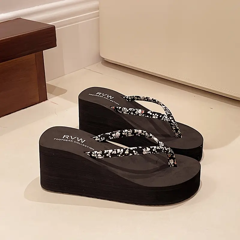 womens floral pattern flip flops platform slip on wedge vacation slides casual beach sandals details 0