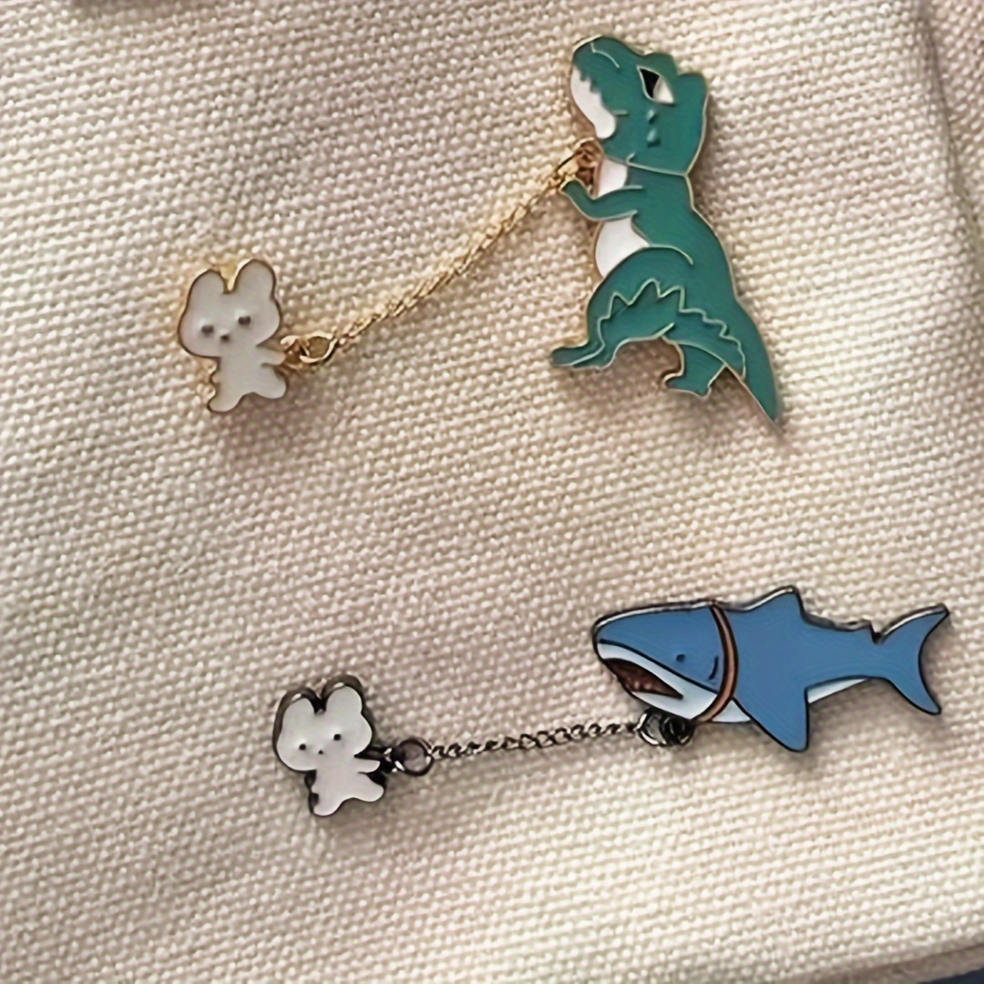 

2 Sets Cute Animal Enamel Brooch Pins With Chains - Cartoon Rabbit, Shark & Dinosaur Lapel Pins For Clothing, Scarves, Bags & Jackets - Accessories, Ideal For Friend Gifts