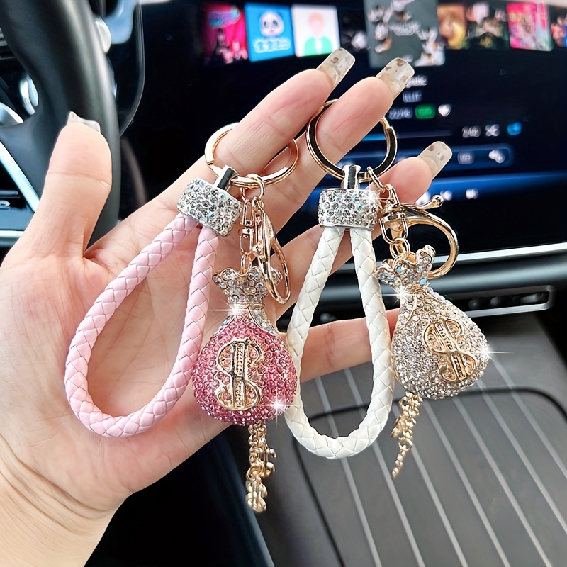 

Elegant Alloy & -encrusted Dollar Sign Keychain With Braided Rope - Sparkling Charm For Car Keys, Bags & Wallets - Ideal Birthday Gift