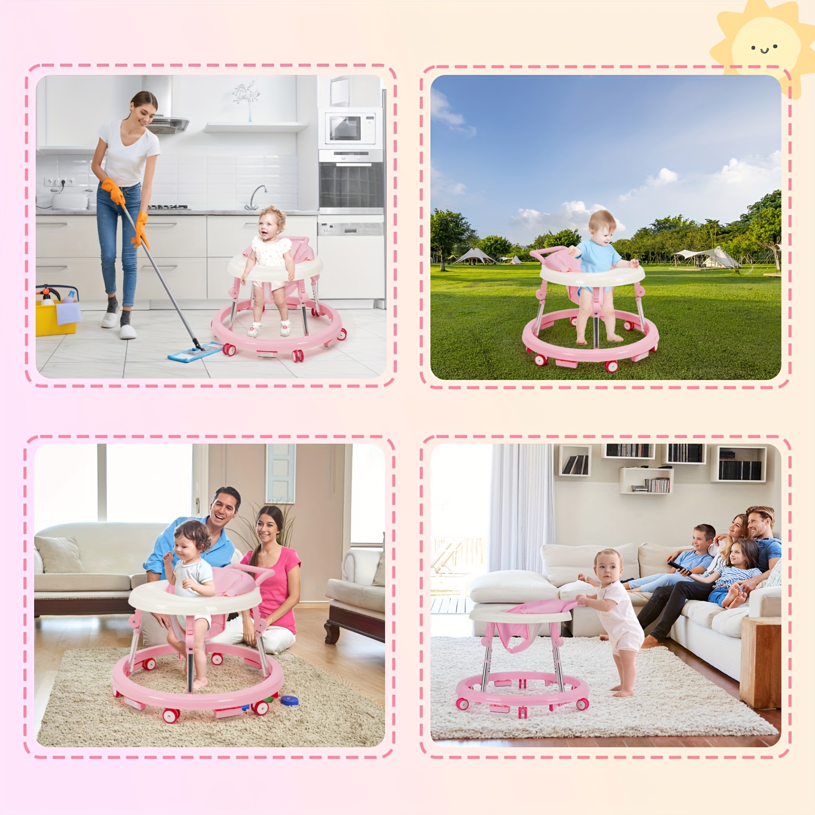 Baby Walker Foldable with 9 Adjustable Heights, Baby Walkers And Activity Center for Girls Boys, Baby Walker And Bouncer Combo with Wheels Portable Anti-Rollover