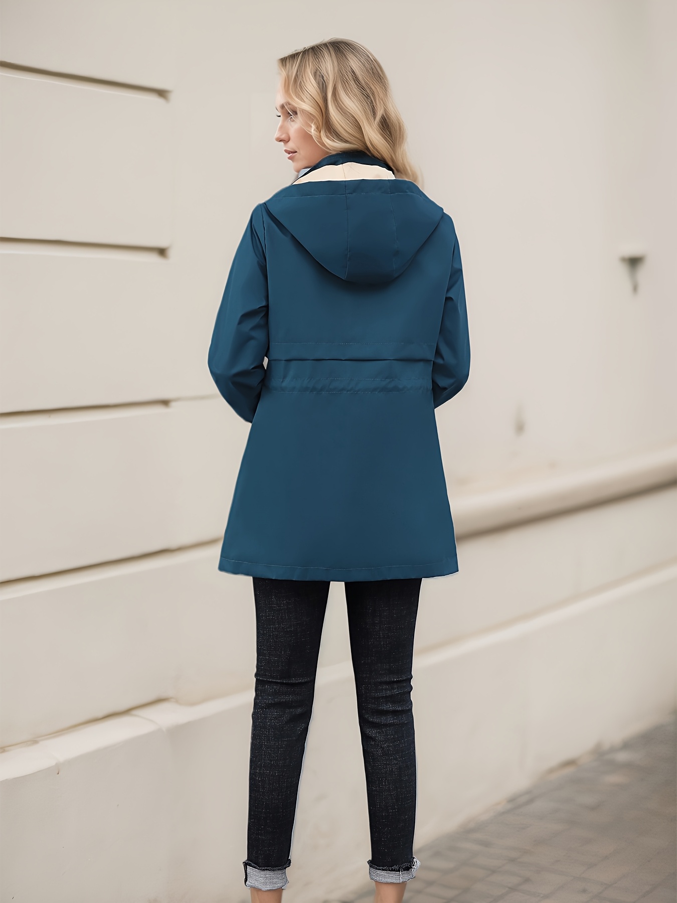 2024 new womens hooded windbreaker jacket   length casual coat with adjustable drawstring waist zipper closure button details solid color for   outdoor wear nonstretch fabric details 1