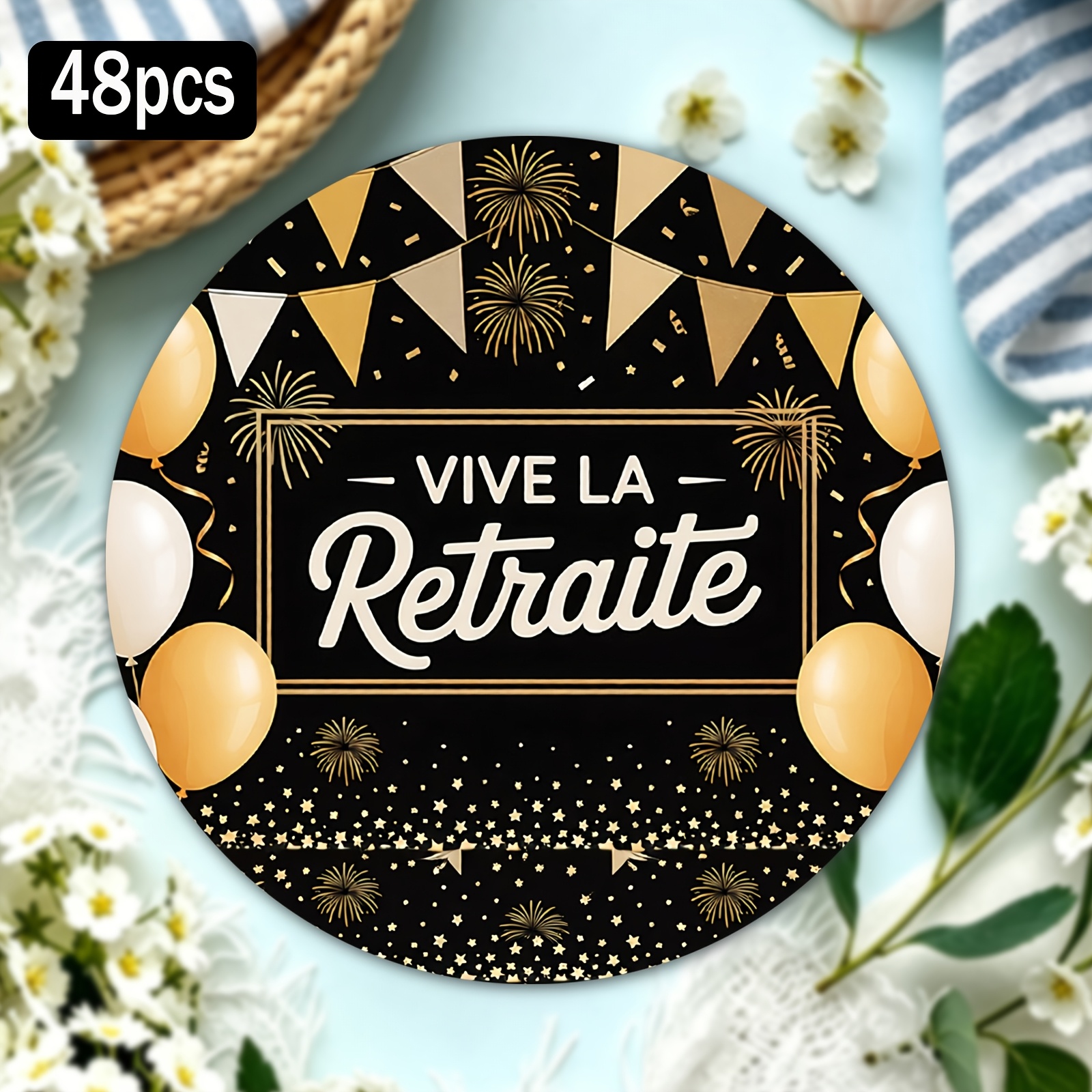 TEMU 2D Plat 48pcs Autocollants Ronds Dorés Autocollants Festifs Retraité Vœux Design Parfait pour Cadeaux de Fête et Étiquettes d'Emballage Cadeau
