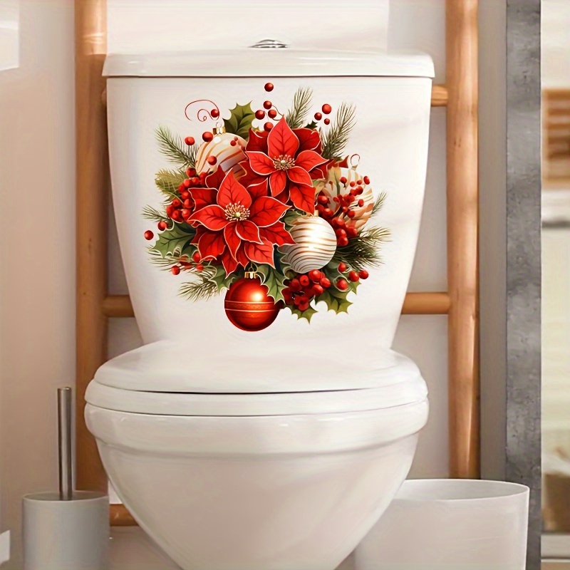 

1 Red Poinsettia & Holly Toilet Sticker - Christmas/valentine's Day/new Year Decor, , Disposable, , Ideal For Plastic , Best For Christmas