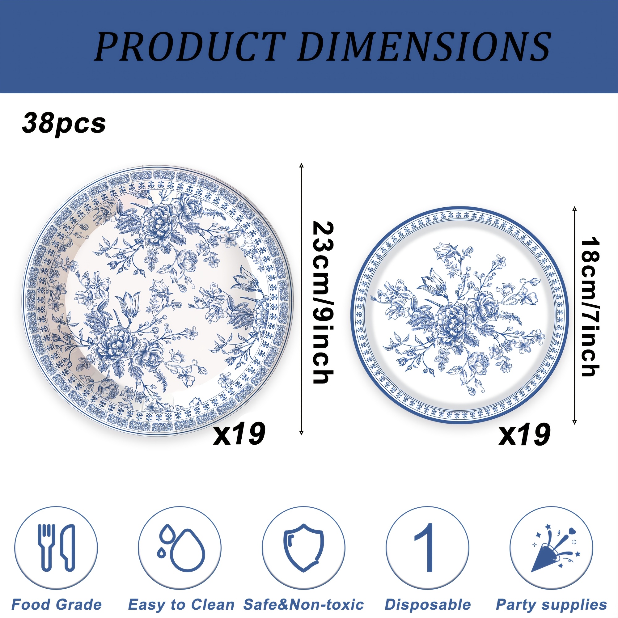 TEMU 38pcs Vintage Blue And White Porcelain Party Paper Plates, Disposable Party Paper Plates, Includes 9-inch Large Plates, 7-inch Small Plates, And