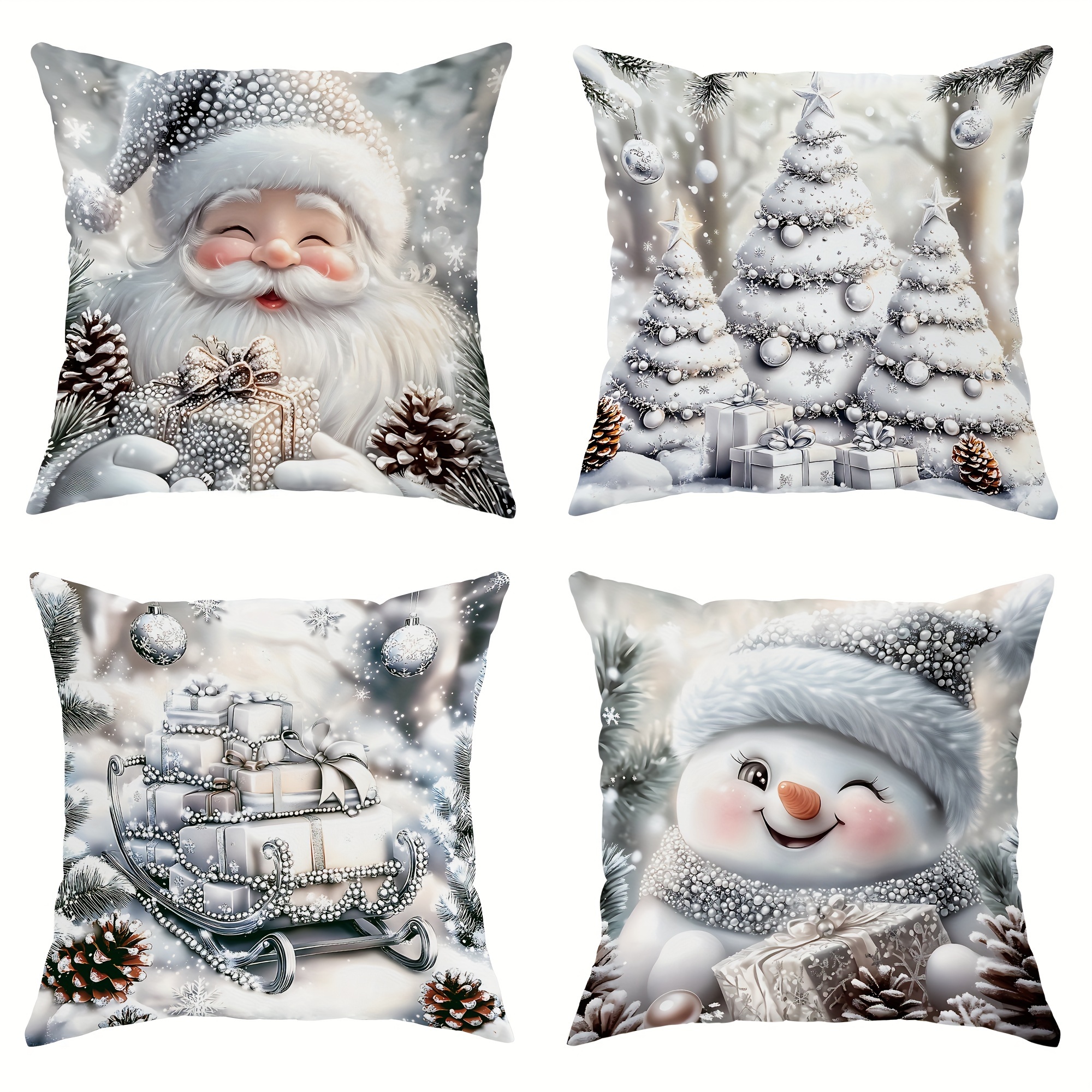 

4pcs Set Of - Santa & Snowman , 18x18 , Zippered, Washable, , For & Bedroom Decor, Christmas Decor