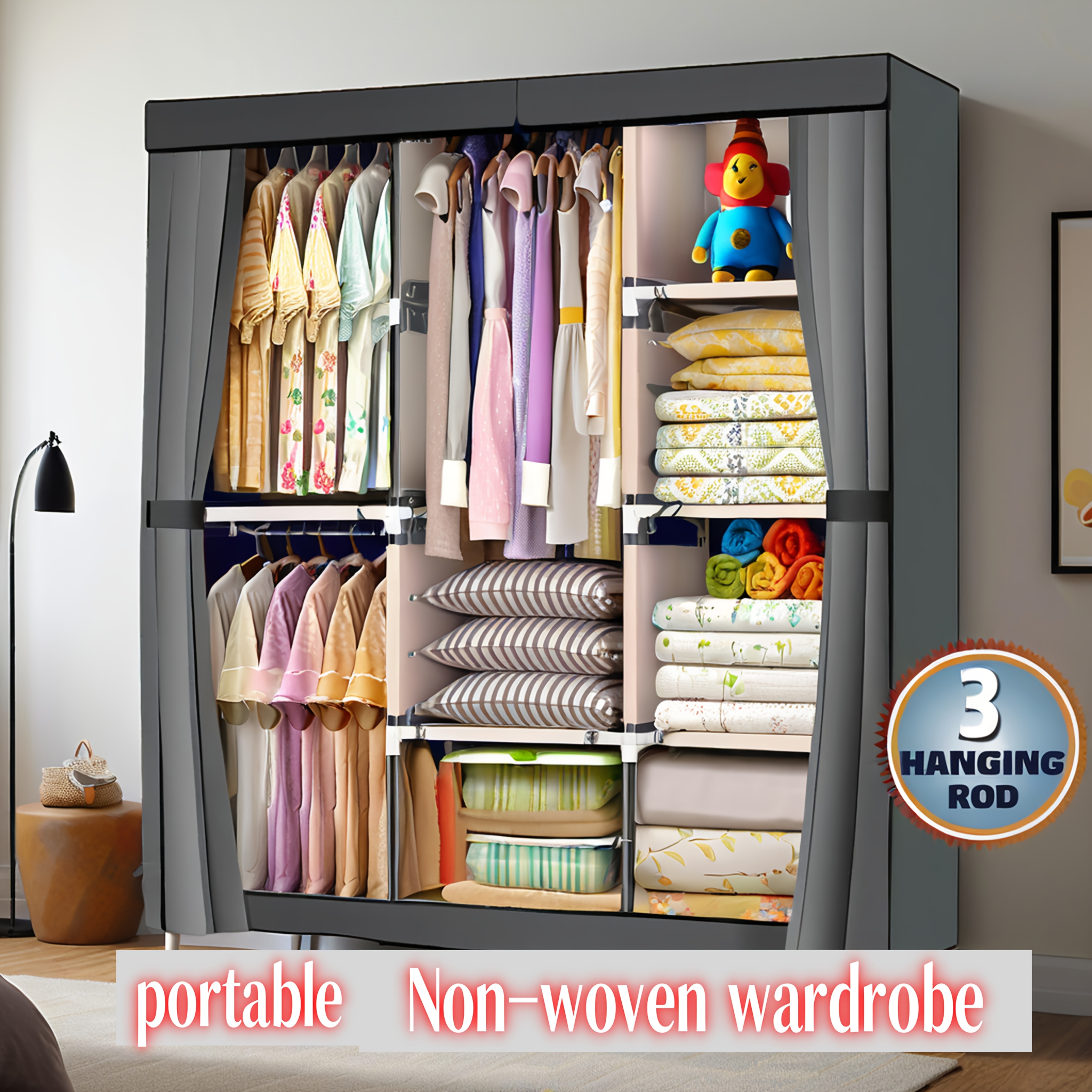 Bedroom Small Space Clothes Rack Dresser With LED Lighting Charging Station  Clothes Rack Combo, 3-Drawer