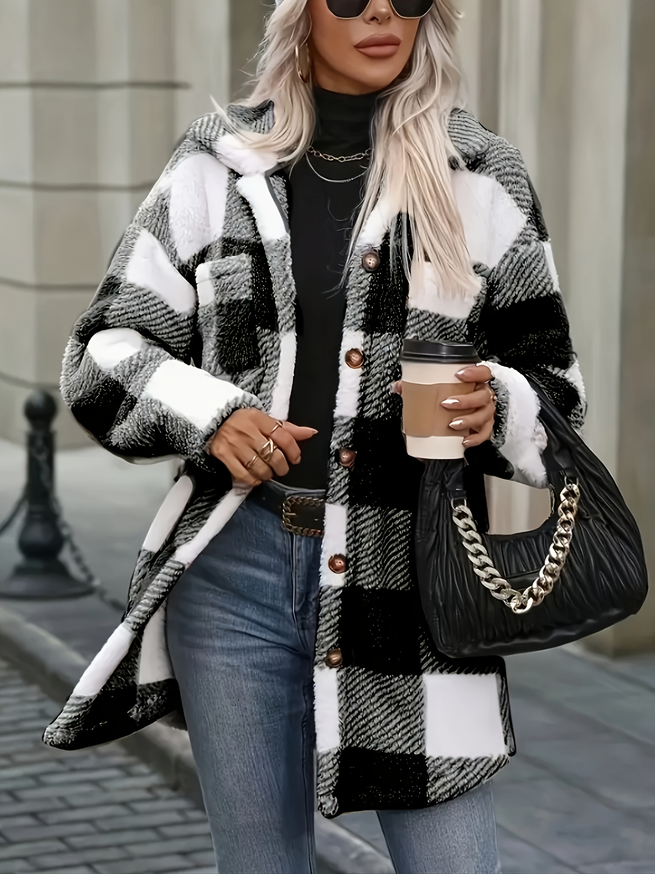 veste en pluche à carreaux   mode transfrontalière pour femme Détails du produit 5
