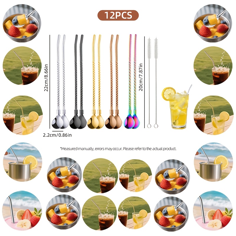 E-shop 6/12 Stück Multifunktionale 2-in-1 Strohhalme und Löffel mit Reinigungsbürste, bunte Edelstahl Spiralstrohhalme, langlebiges
