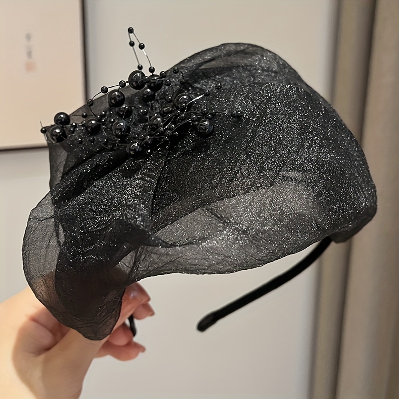 E-shop Retro Temperament Mesh Perlen Halb-Hut Stirnband Damen Haarbedeckung Weißes Haar Hut Stirnband Mode Haarbedeckung Stirn Retro Kleine Hut