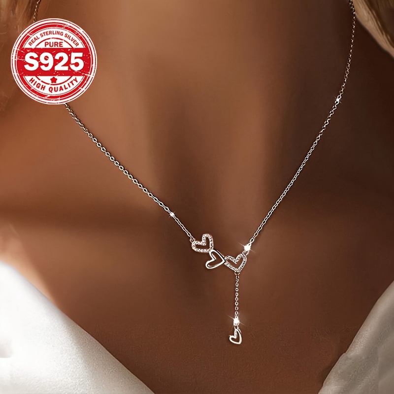 

Sterling Silver 925 Triple Heart Tassel Pendant Necklace, Elegant & Sexy Style Neck Jewelry, 3.1g, Perfect For Weddings, Banquets, Bridal Gift, Valentine's Day Present