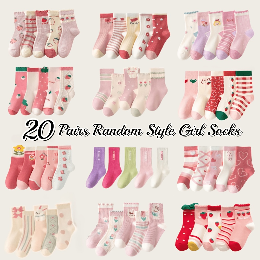 Image of 20 Pairs Of Random Style Cute Cartoon Pink Series Girl's Mid-calf Socks Socks