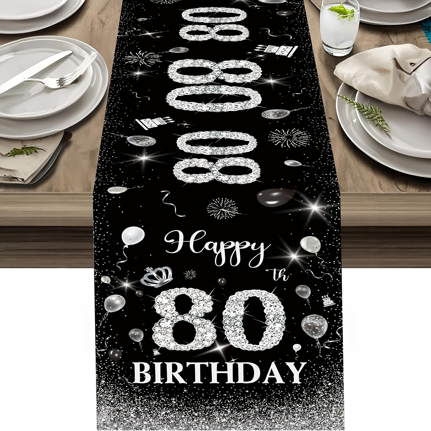 TEMU 1pc, 80th Birthday Table Runner, Black And Silvery "happy 80th Birthday" Table Runner For 80-year-old Men And Women, Him Or Her, Celebration