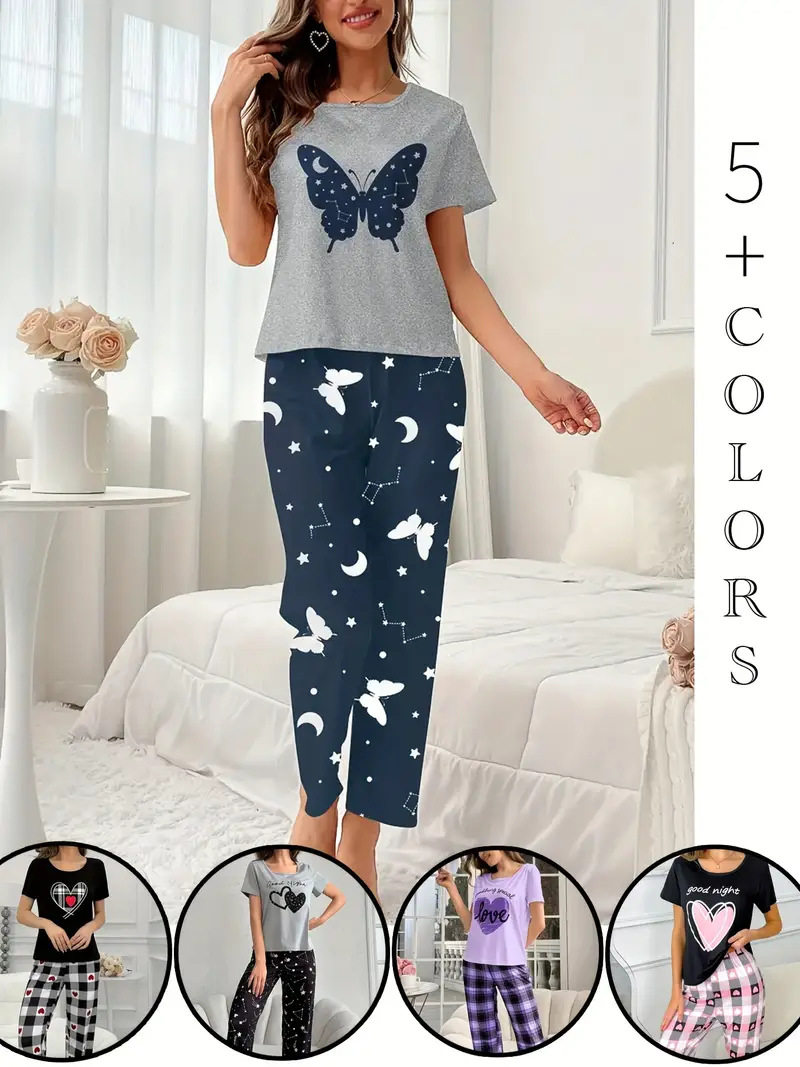 round neck pullover printed short sleeved trousers set home clothes outside Product details 0