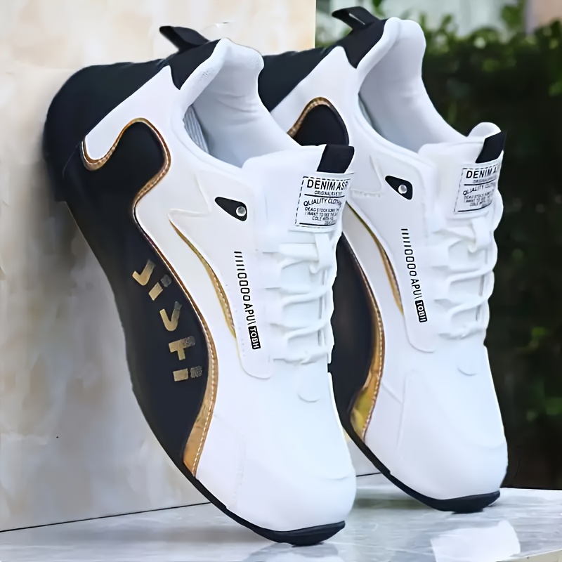 mens lightweight breathable road running shoes low top white golden   pu fabric upper durable pvc sole for gym training walking   large sizes   gym footwear sporty casual look cushioned  