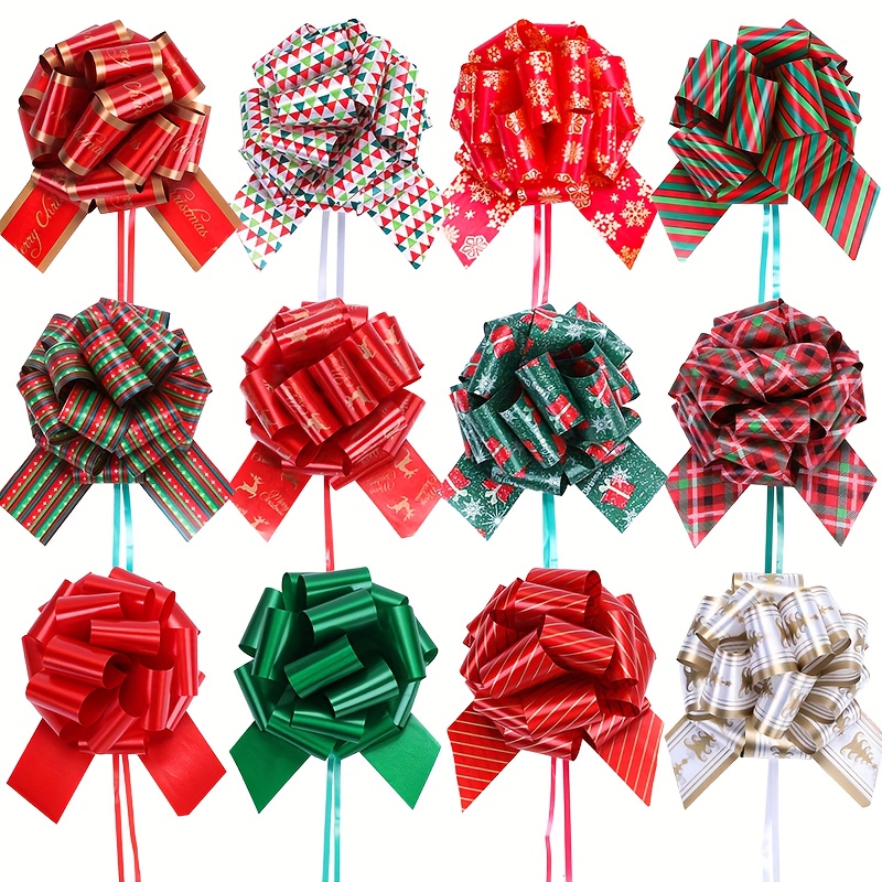 TEMU Set Of 12 Colorful And Patterned Christmas Ribbon Bows Made From Sturdy Plastic, Perfect For Wrapping Gifts, Holiday Decor, Party Favors, And