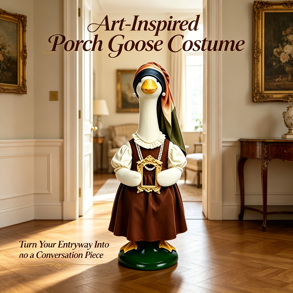 23 Inch Renaissance Artist Lady Lawn Ornament Goose Outfit, Color Wrap Headscarf Pearl Necklace Brown Midi Dress Prop Full Costume Set, Vintage Art Front Porch Yard Decor