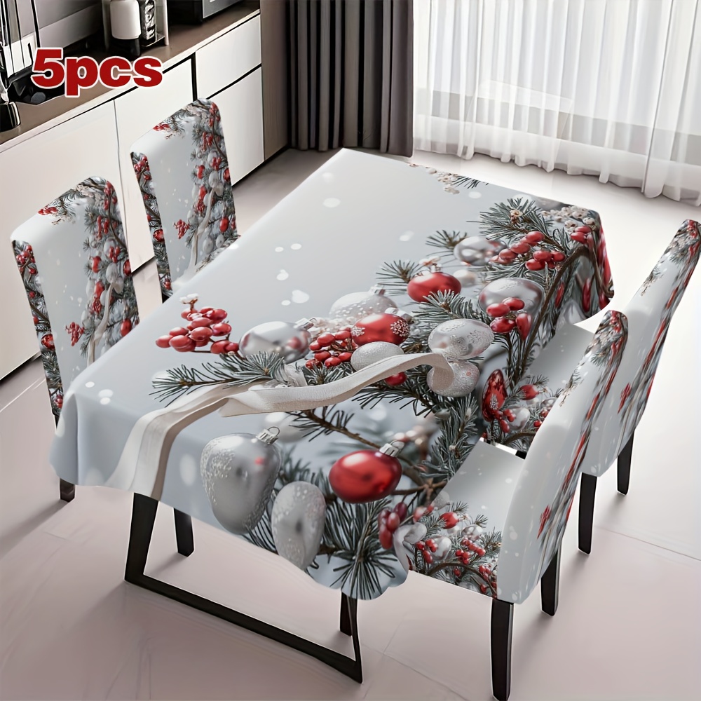TEMU 4/5/6/7-teiliges Set mit Weihnachtskugeln, , Schnee, Stuhlbezug Tischdecke, ideal für Teetische , pflegeleicht, bequem elastisch, für Halloween