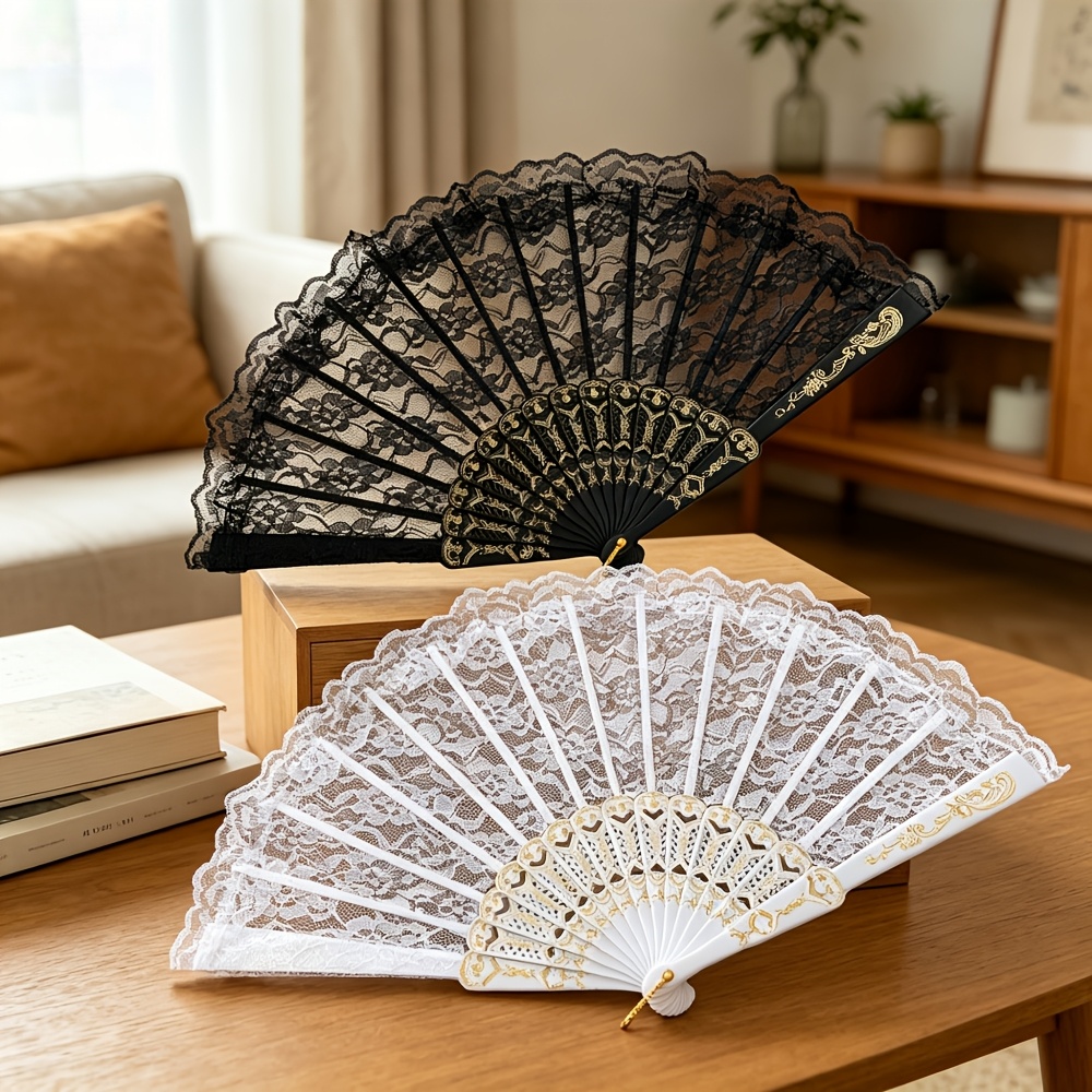 Image of 2pcs Elegant Lace Folding Fans, And White Hand Fans For Qipao Outfits, Ball Party Decorations, Wedding Favors, Photo Props