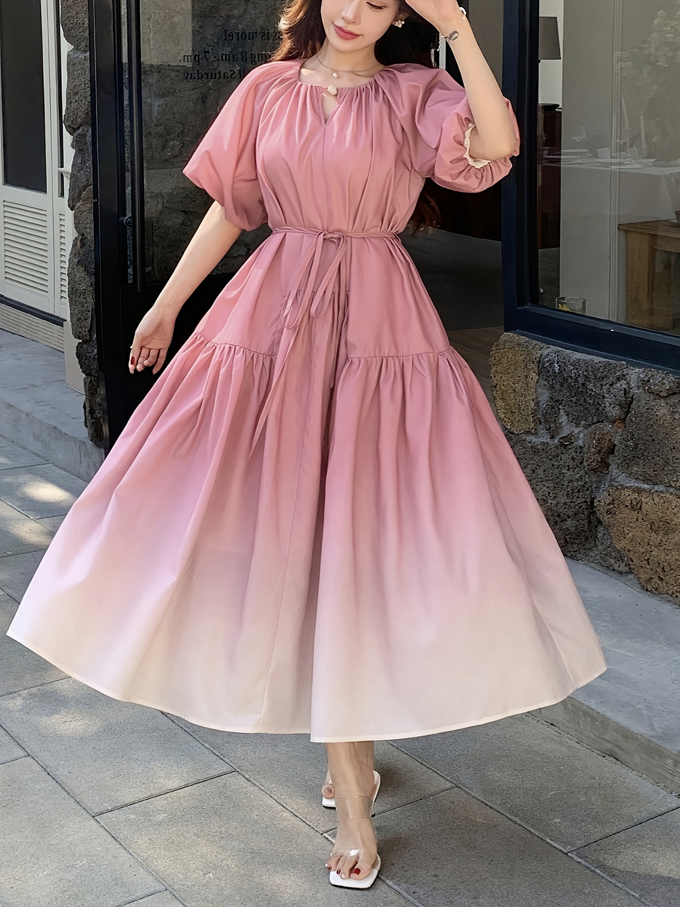 Elegant Women'S A-Line Dress with Ruffled Sleeves - Soft Pink to White Gradient, Round Neck, Flowy Design, Perfect for Casual or Formal Occasions, Casual Dressing | Ruffled Sleeve Dress | Aline Silhouette, Cute Dresses