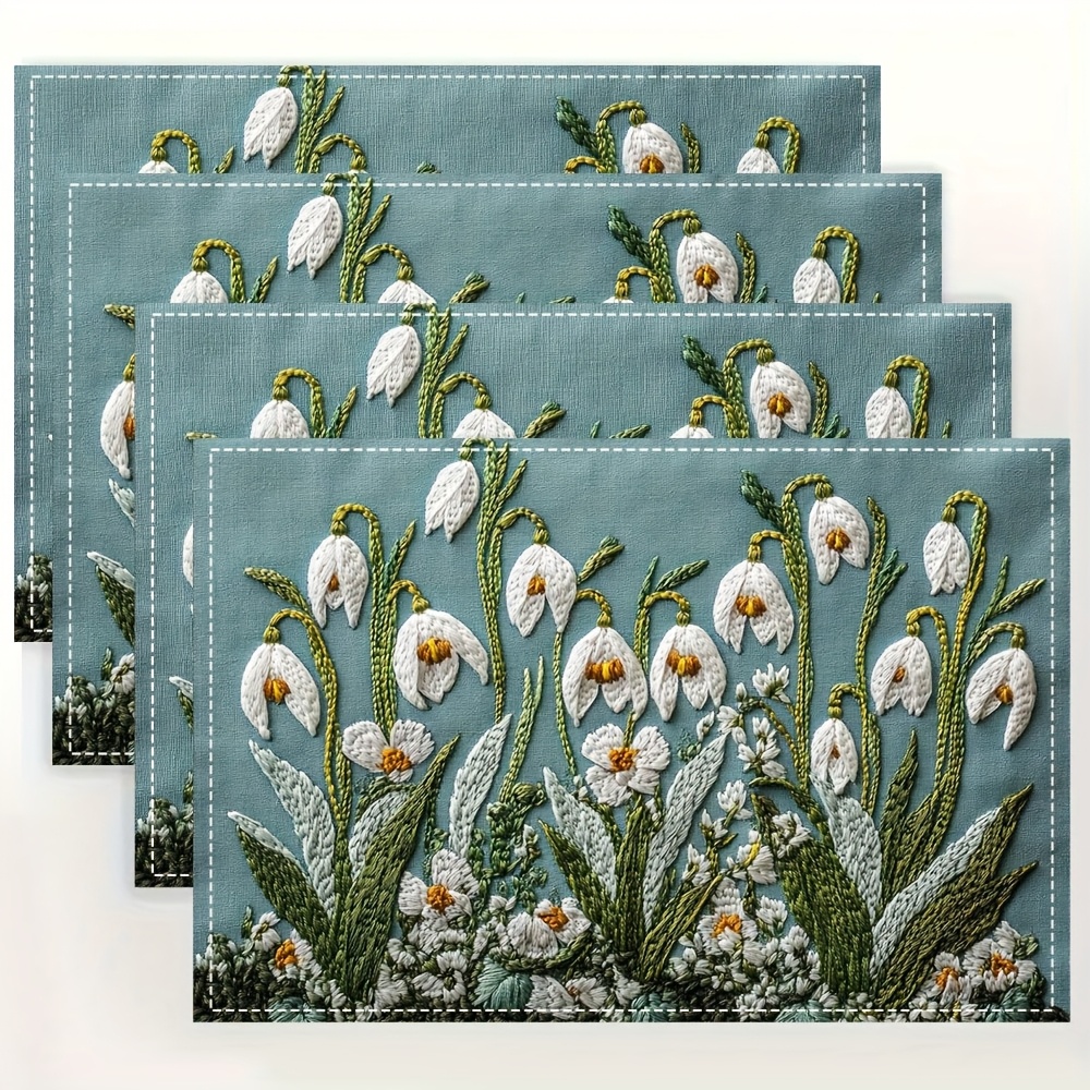 

4pcs, Linen Placemats, 12x18 Inch Single Sided Print, Snowdrop Spring Flowers Plant Easter Without Embroidery, Home Decor, Coffee Table, And Tryynmgfhg2489