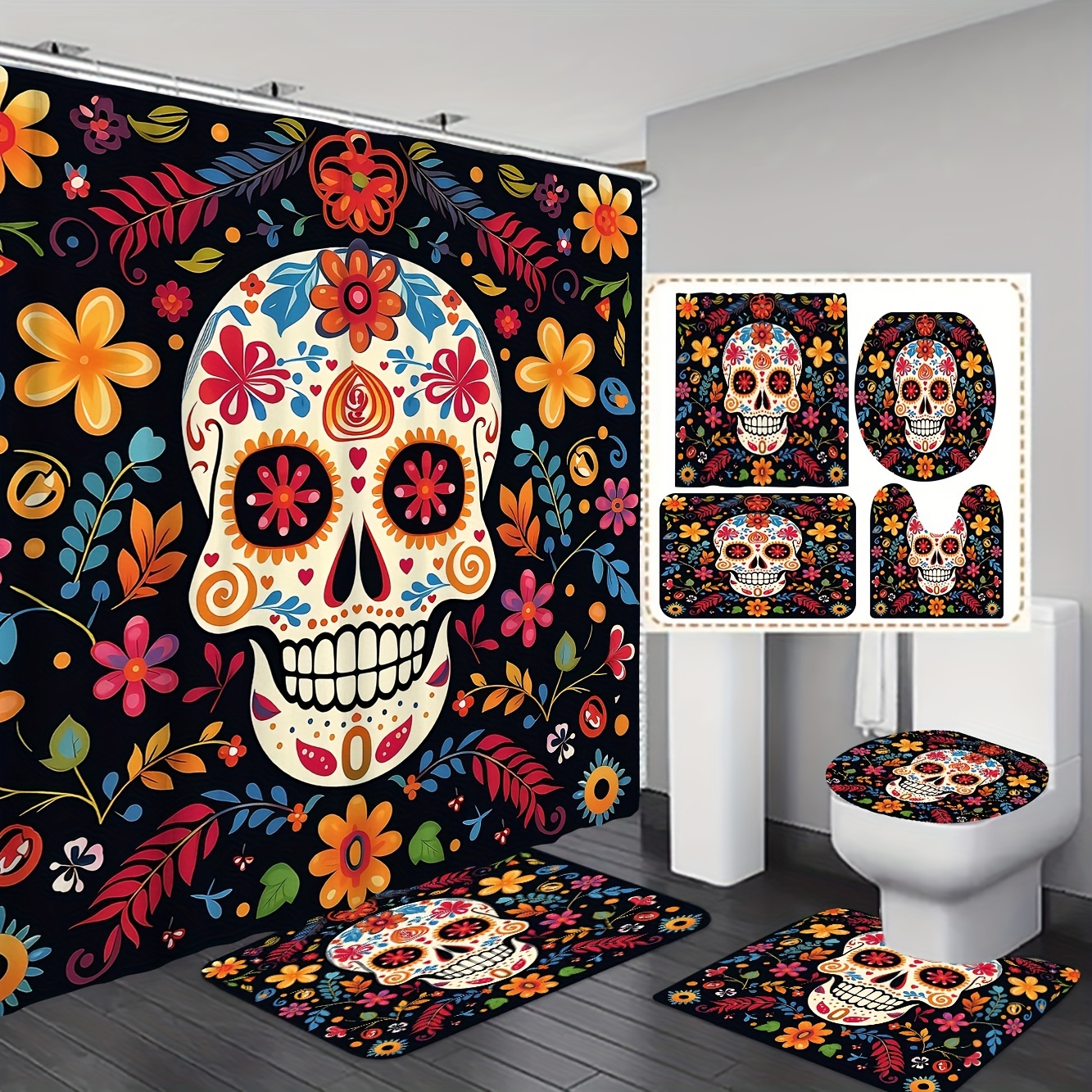 

1pc/3pcs/4pcs Halloween Flowers And Leaves Bathroom Set Shower Curtain Set Piece Set