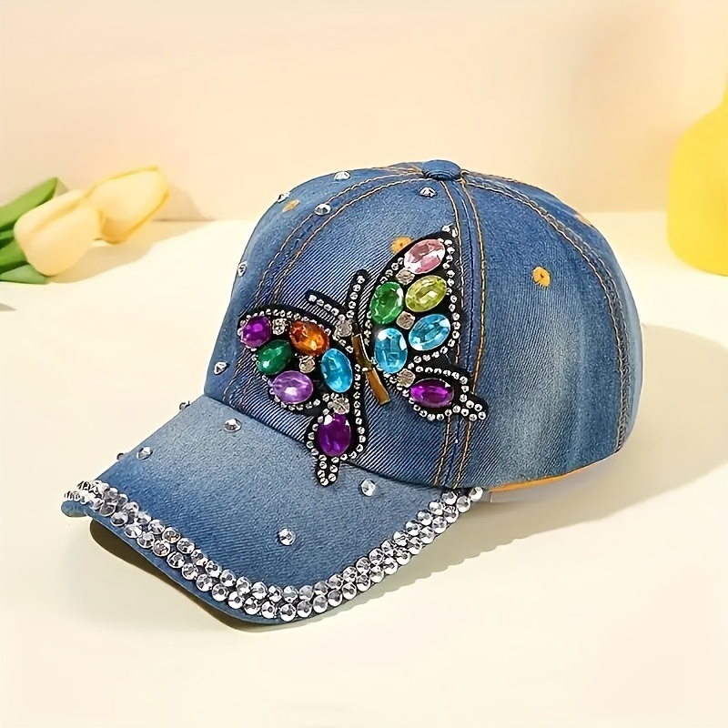 

Women's Butterfly Pattern Rhinestone Decoration Fashion Baseball Cap, Lightweight And Breathable Trucker Hat For Outdoor