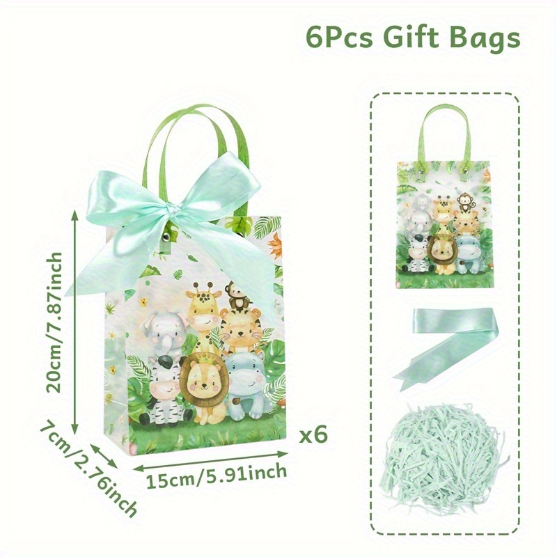 TEMU 6pcs, Animal Gift Bag, Tigers Elephants Giraffes Pattern Transparent Plastic Handbags, Happy Birthday Party Decoration, Baby Shower Party