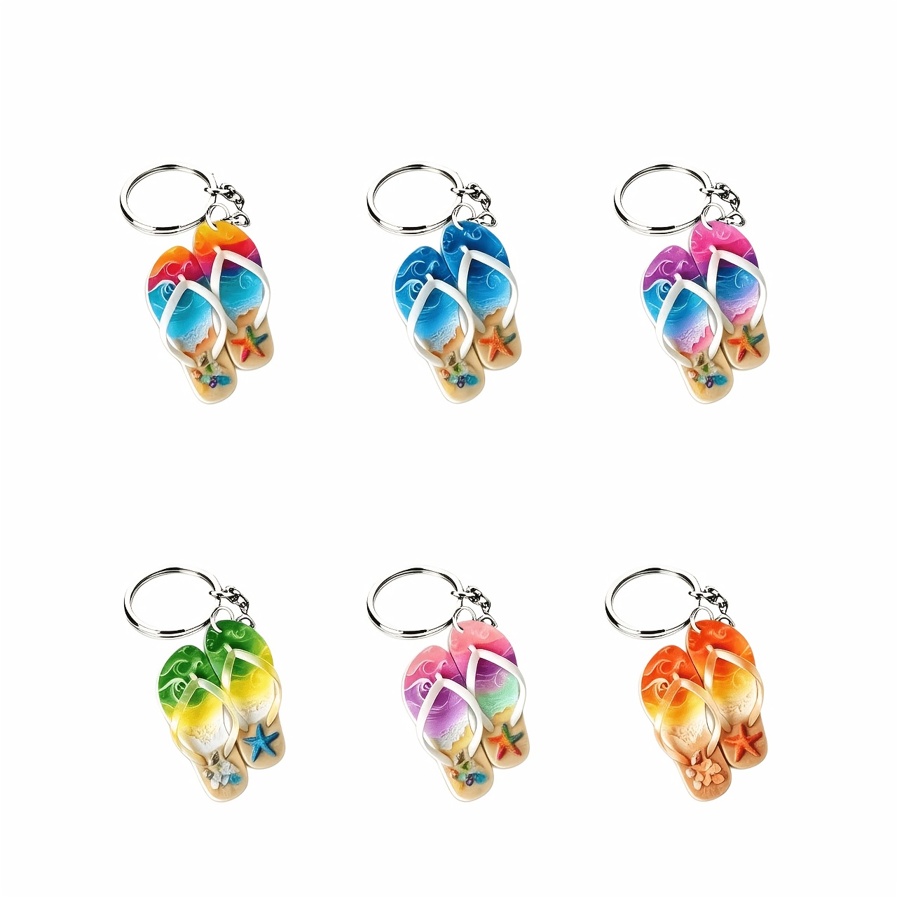 TEMU 2D Platte Stijl, 1/2/6-delige Set Kleurrijke Acryl Sleutelhangers, Zomer Strand Golf Zeester Sleutelringen, Leuke Oceaan Sandaal Sleutelbedels,