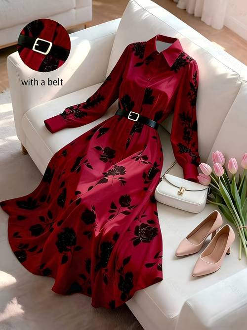spring autumn new french retro floral print elegant long dress with belt womens and vacation wear
