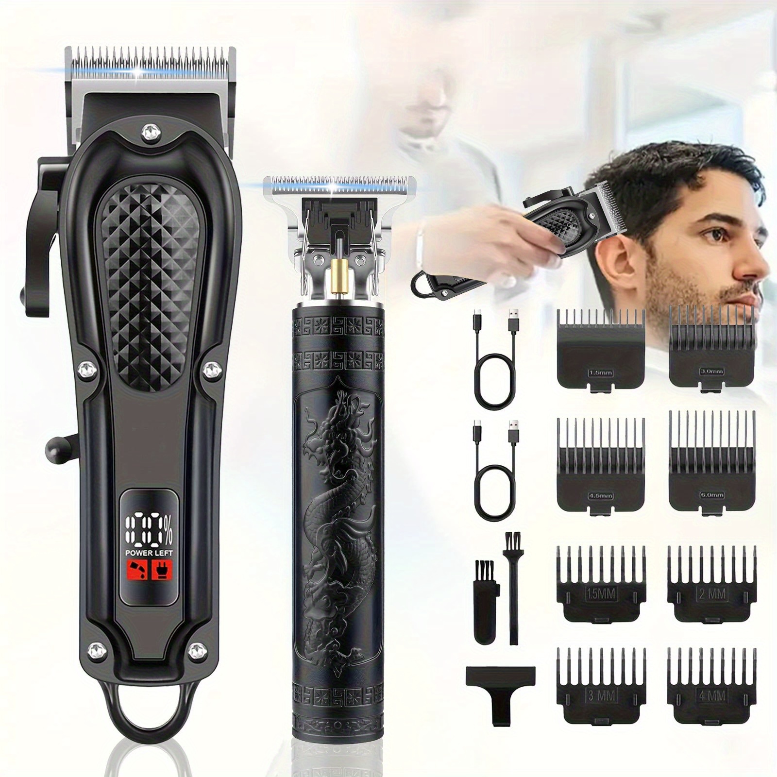 TEMU 1pc/2pcs Men's Hair Clipper And Beard Trimmer Set: Usb Rechargeable Hair Clipper, Beard Trimmer And Sideburns Shaver - Lcd Display Power,