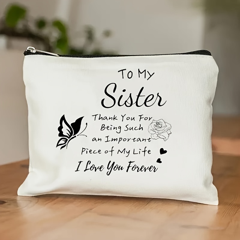 

Sister Appreciation Canvas Makeup Bag - Lightweight, Foldable Cosmetic Travel Pouch With Zipper Closure, Machine Washable White Toiletry Case, Gift For Sisters