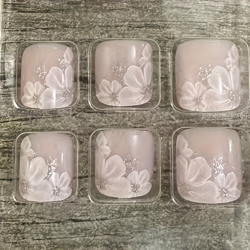 E-shop 24 Stück handgemachte florale Glitzer-Patch-Nägel - Quadratische, kurze, wiederverwendbare Nagelsticker mit rosa Blumen und Strasssteinen,