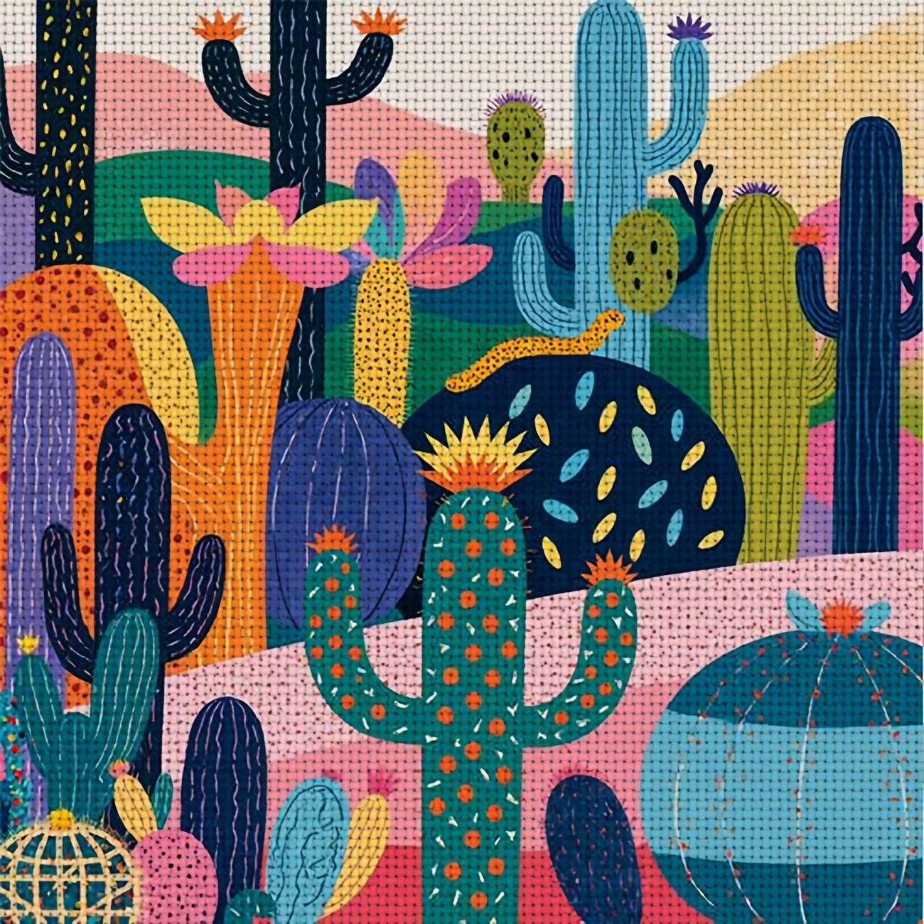 TEMU Kit d'impression de point de croix cadre, avec un motif "Illustration de cactus de dessin coloré", parfait pour les débutants qui peuvent